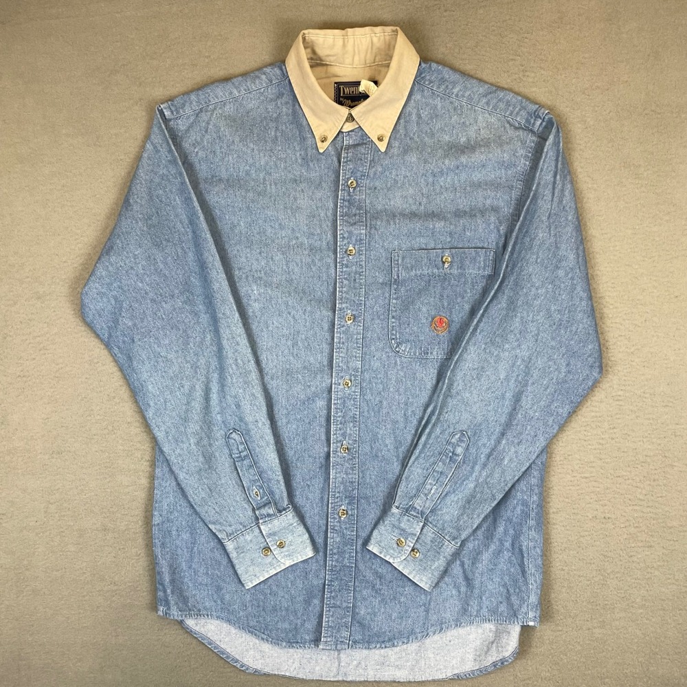 Wrangler TwentyX Button Down Shirt Men M Blue Denim Tan Contrast Collar Western